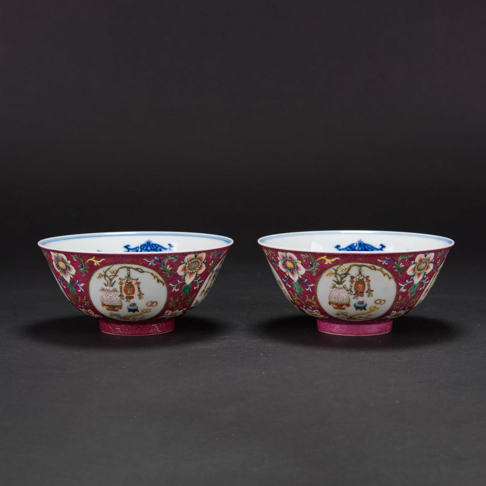 A Pair of Famille Rose Ruby-Ground 'Medallion' Bowls, Qianlong Mark (1 of 11)