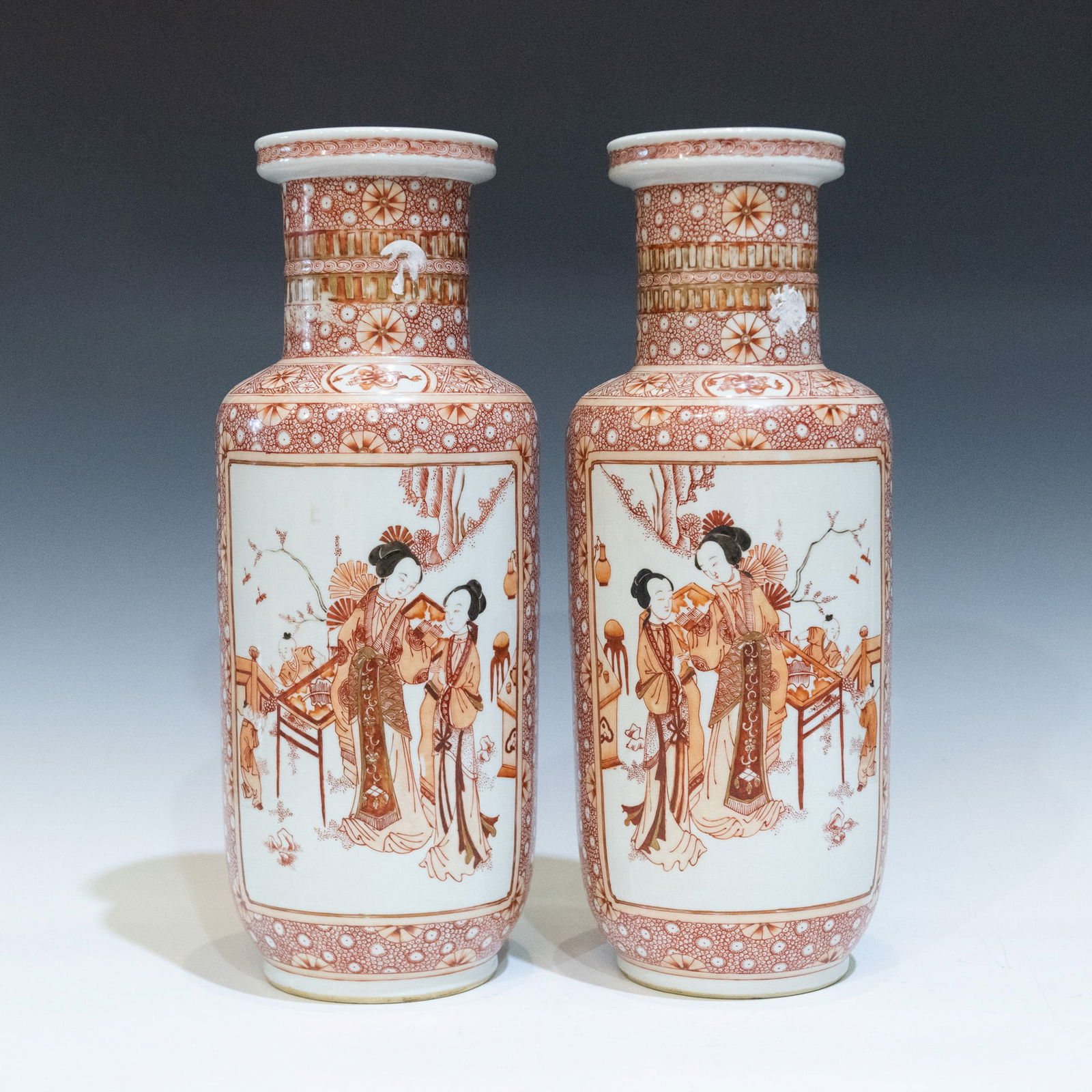 A Pair of Iron Red 'Figural' Rouleau Vases, Daoguang Mark (1 of 11)