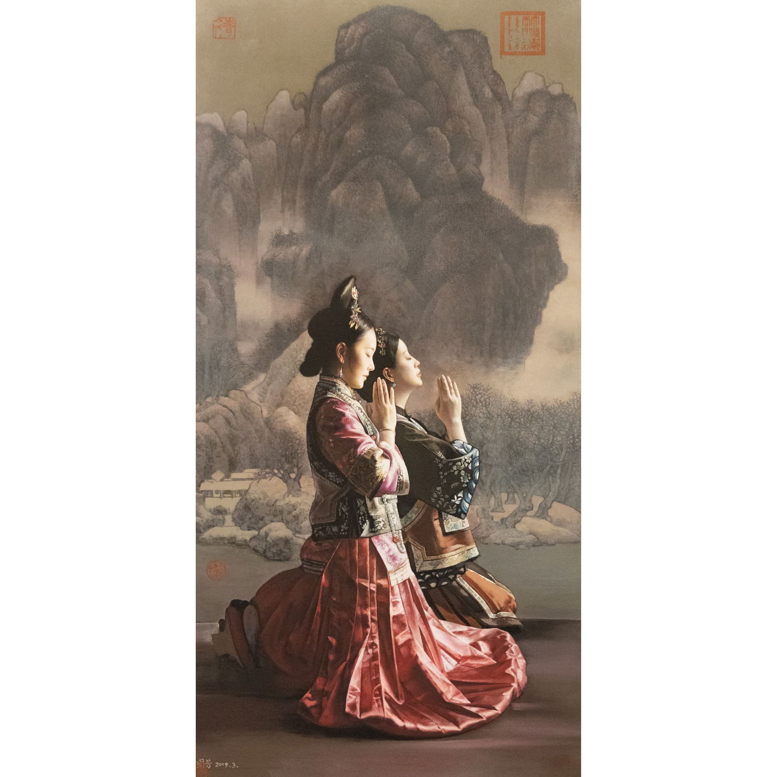 Jiang Guofang (b. 1951) - Chinese Lithograph Scroll of Buddha Nature: Jiang Guofang (b. 1951), Chinese scroll of Buddha Nature, lithograph from the Forbidden City series, mounted as hanging scroll. Image: 23.43"h x 11.81"w (59.5 x 30 cm); Condition: Overall good vintage