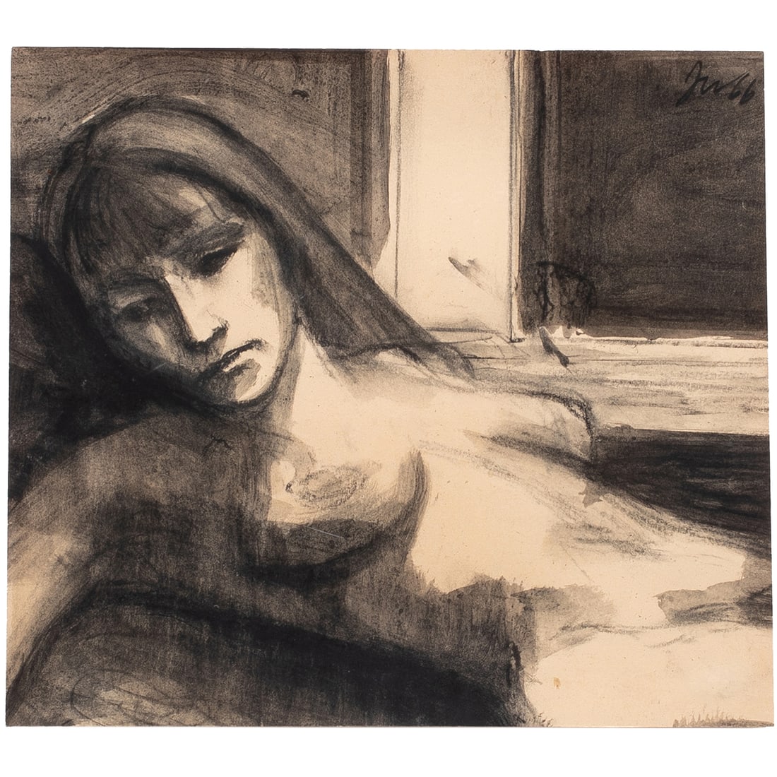 Work on paper, James Weeks: James Weeks (American, 1922-1998), "Reclining Figure," 1966, inkwash and charcoal on paper, initialed and dated upper right, sheet: 8.25"h x 9.25"w, overall (with frame): 22.5"h x 23.5"w