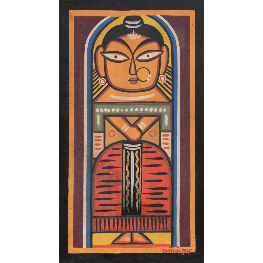 Painting, Jamini Roy: Jamini Roy (Indian, 1887-1972), Untitled (Figure), tempera on paperboard, signed lower right, board (unframed): 25.75"h x 15.25"w. Provenance: Acquired directly from the artist by Mirza Sami Baig Born