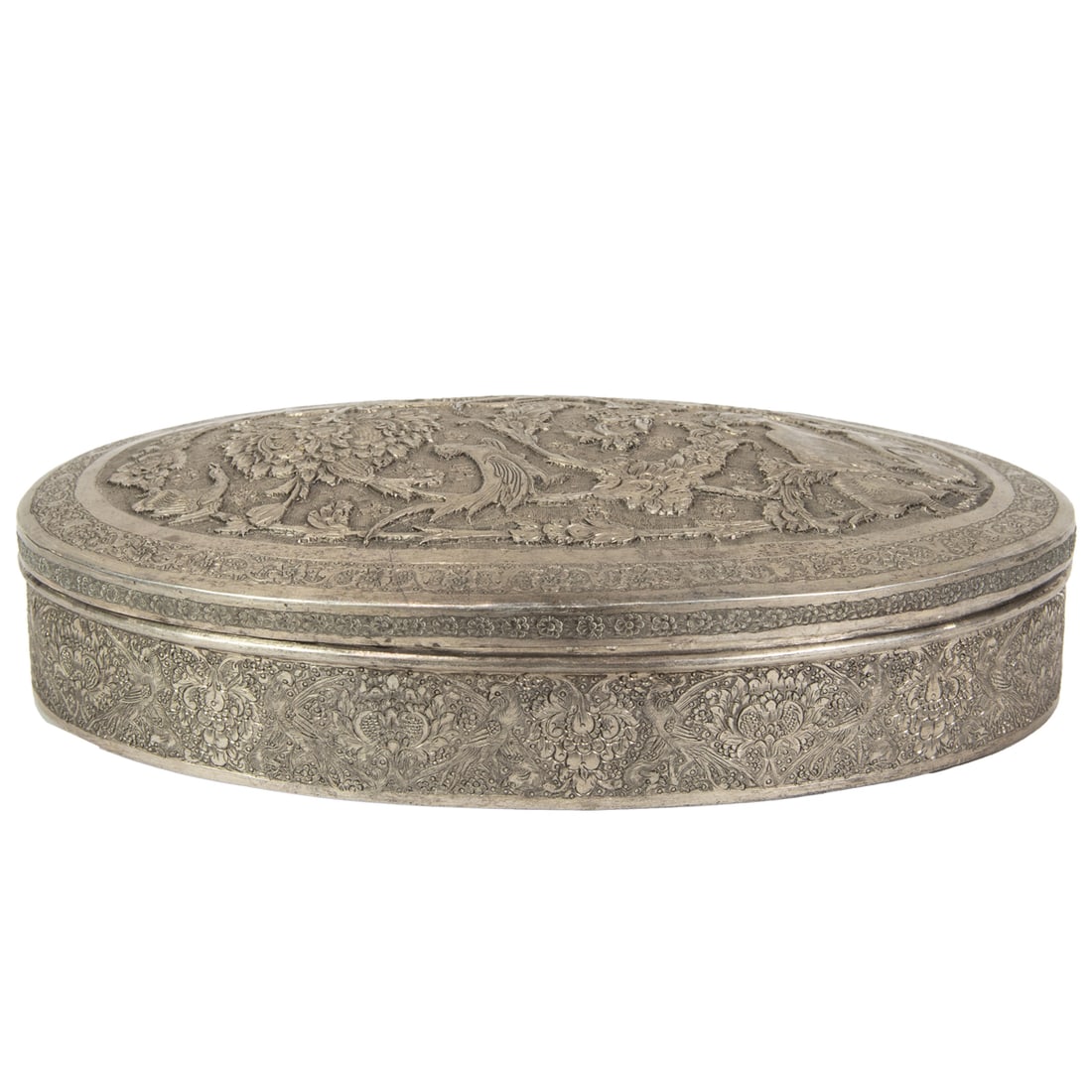 A Persian Isfahan oval .875 silver box decorated with birds and goats (1 of 3)