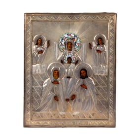 A Russian Pocherskay cloisonne silver oklad icon of the Holy Family, c 1881