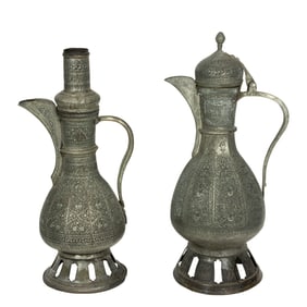 A tall Islamic repousse metal samovar and ewer, greatest 25"h [2 total]