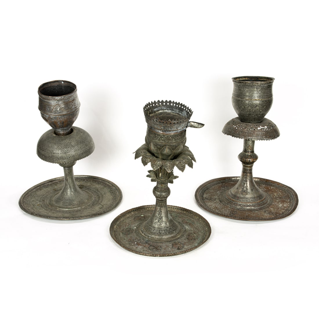 Three Persian engraved tinned copper mosque lamps (1 of 3)