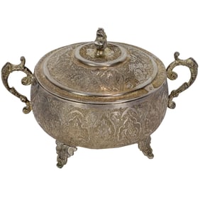 A Persian Isfahan silver covered sugar bowl