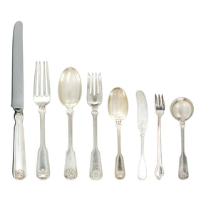 A Tiffany Shell and Thread sterling flatware service including (12) mini soup spoons 5