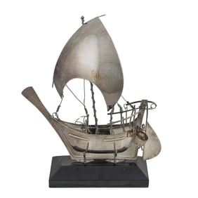 A Chinese sterling silver Arab Dhow model of a boat, mounted on ebonized wood stand, 13