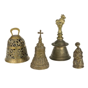 Four brass or bronze bells, including Christian and Hindu examples