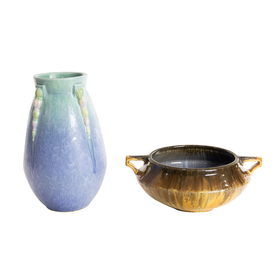A Fulper flambe and crystalline glaze bowl and a Roseville Futura Topeo vase (1 of 6)