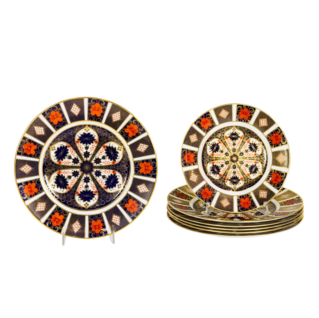 Six Royal Crown Derby porcelain dinner plates in Old Imari 1128 pattern (1 of 5)