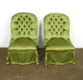 A pair of Parish Hadley designed upholstered slipper chairs