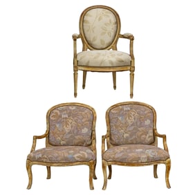 A pair of Contemporary antiqued fauteuils and a Louis XVI style fauteuil