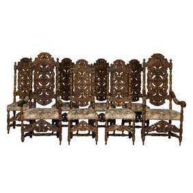 A suite of eight hand carved English chairs in the Jacobean taste circa 1860