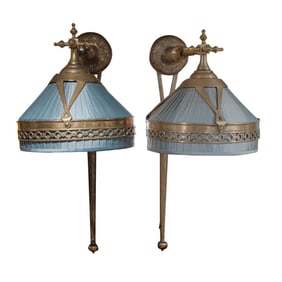 A pair of Jacques Garcia bronze and blue pleated silk 'Mathilde' wall lights