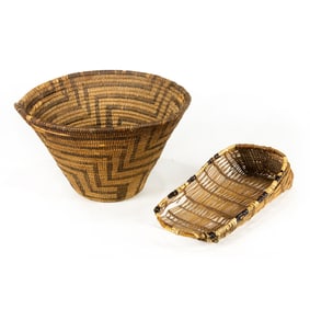 A Pima basket and a miniature doll cradle; 3"x 12"x 5"; 10"d x 6"h