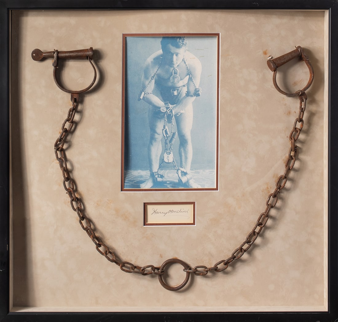 Houdini's handcuffs in shadowbox, with autograph; 27 (1 of 4)
