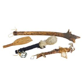 A Lot of two Native American weapons and two rattles