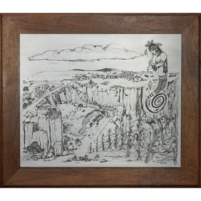 A large Preston Monogye turquoise inlaid metal plaque mounted on wood panel