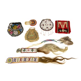 Native American group of beadwork and purse; largest 12"l