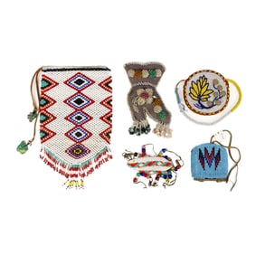 Native American beadwork lot: Iroquois whimsey; Yakima purse; a Plains coin purse and a beaded
