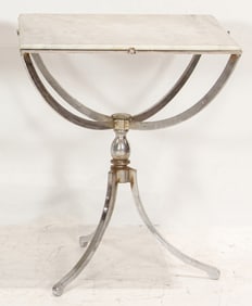 A pair of vintage stone top tables, in the Restoration Hardware style