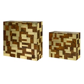 Two Modern Paul Evans style brass and burl walnut quilted cabinets, the larger dresser with six