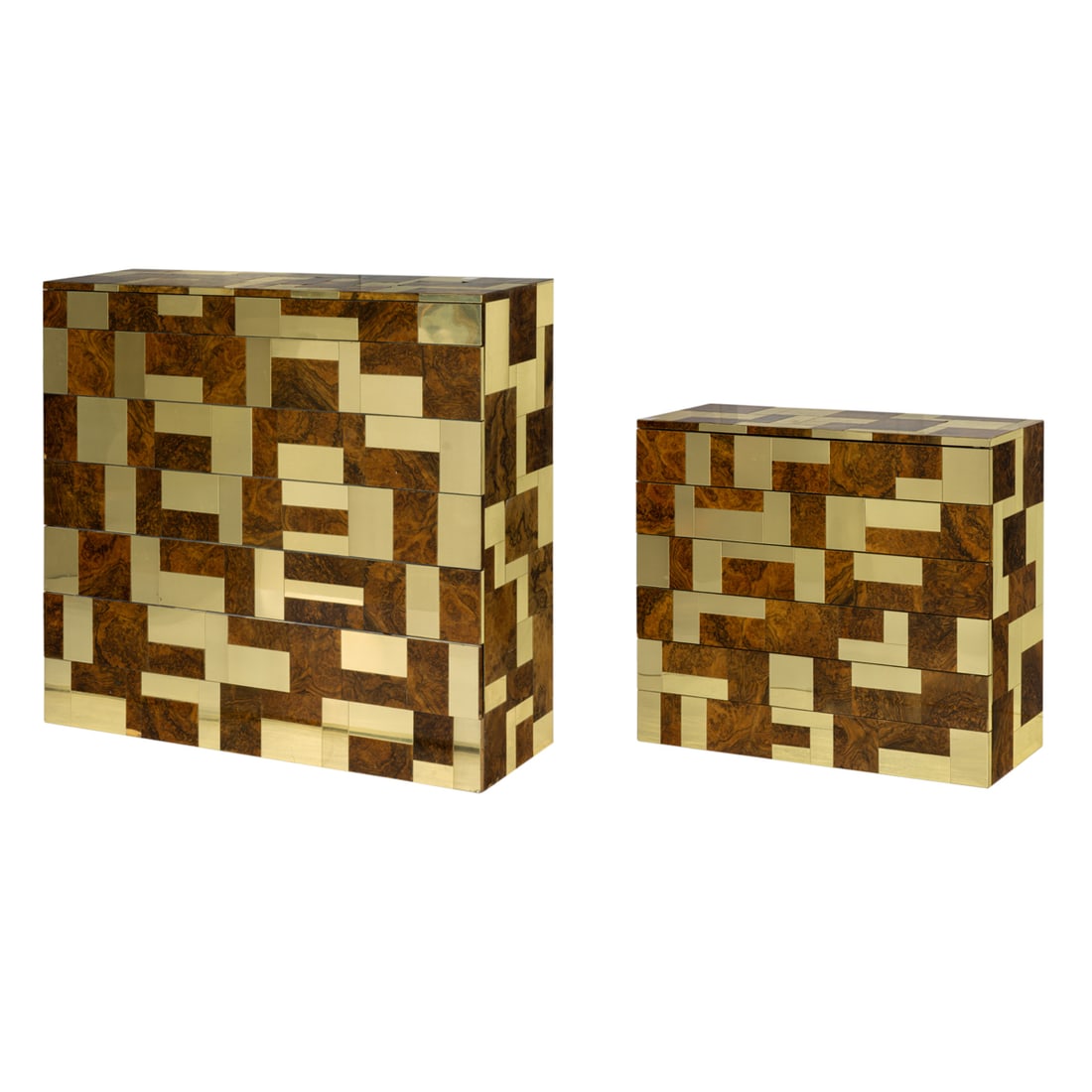 Two Modern Paul Evans style brass and burl walnut quilted cabinets, the larger dresser with six (1 of 8)