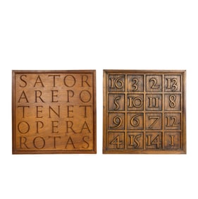 Two carved wood historical grid puzzles