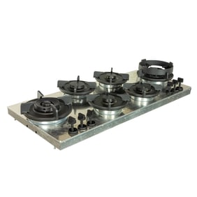 A Pitt Foessa gas stove top with six burners