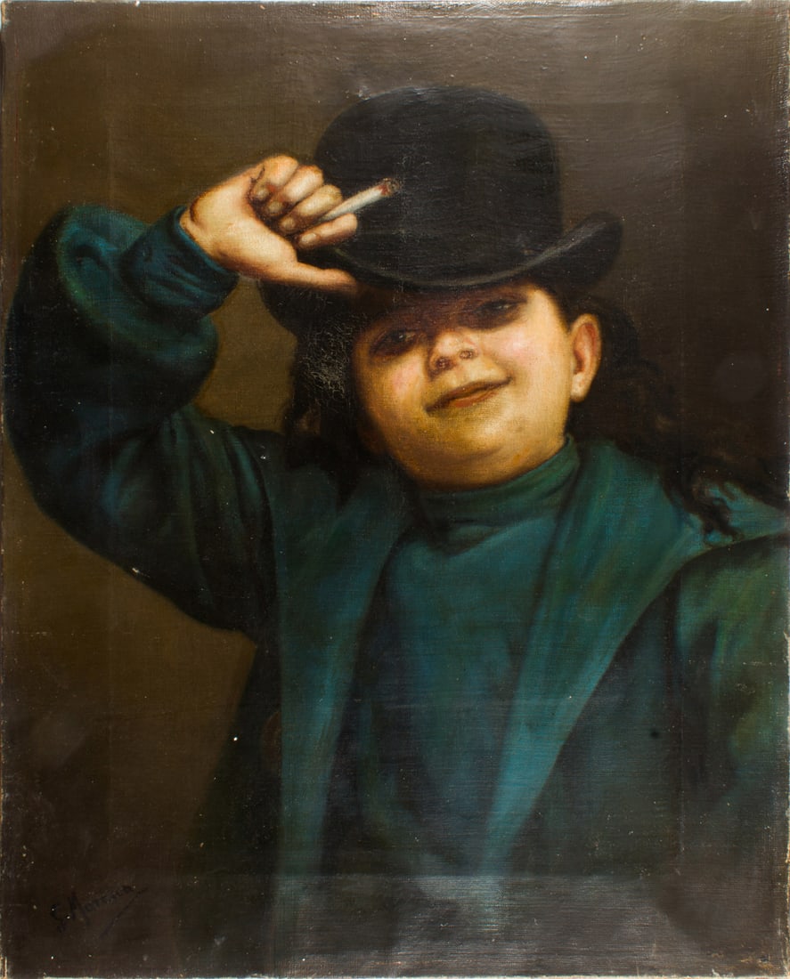 Painting, Salvatore Maresca: Salvatore Maresca (Italian, 19th/20th century), Boy Smoking, oil on canvas, signed lower left, canvas (unframed): 20"h x 15.5"w