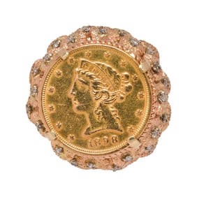 A gold coin, diamond and 14k gold ring