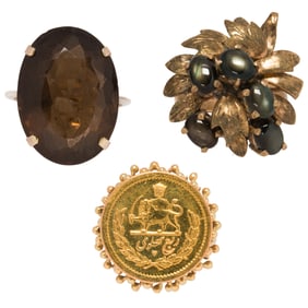 Three stone-set and gold rings