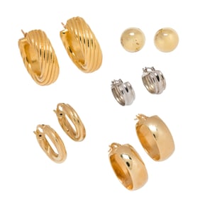Five pairs of 18k gold earrings