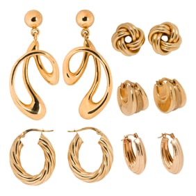 Five pairs of gold earrings