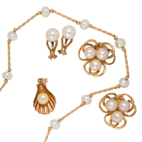 A group of cultured pearl and gold jewelry