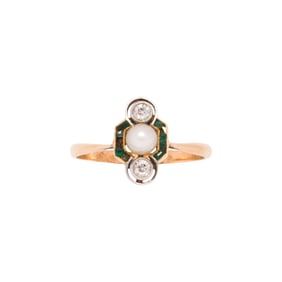 An antique cultured pearl, diamond, emerald and platinum-topped 18k gold ring