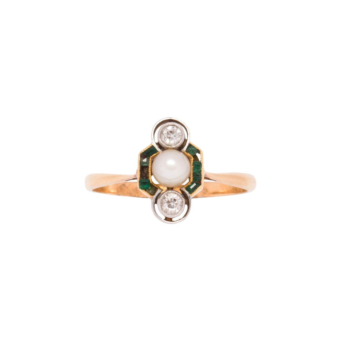 An antique cultured pearl, diamond, emerald and platinum-topped 18k gold ring (1 of 2)