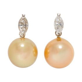 A pair of South Sea cultured pearl, diamond and 14k white gold earrings