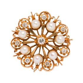 A diamond, cultured pearl and 14k gold brooch-pendant