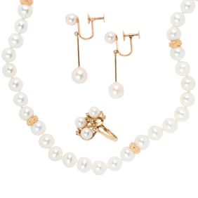 Group of cultured pearl and 14k gold jewelry