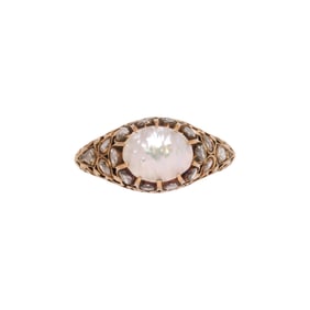 An antique mother-of-pearl, diamond and 14k gold ring
