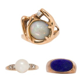 Three gem-set and 10k gold rings