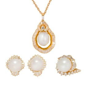 A cultured pearl, diamond and 18k gold pendant enhancer and chain
