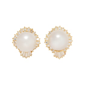 A pair of South Sea cultured pearl, diamond and 18k gold earrings
