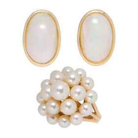 A cultured pearl and 14k gold ring and pair of earrings