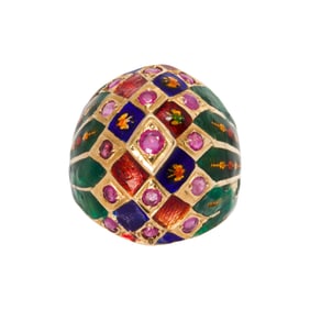 A ruby, enamel and 14k gold ring