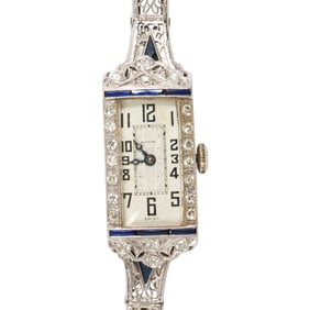 A Glycine art deco diamond, synthetic sapphire and platinum watch