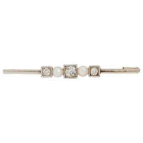 A diamond, cultured pearl and 14k white gold bar brooch
