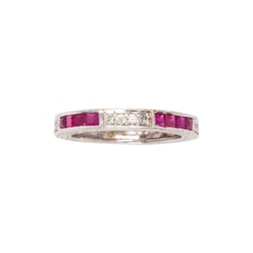 A diamond, ruby and 14k white gold band
